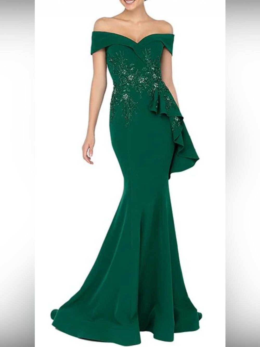Terani Couture Off Shoulder Peplum Beaded Mermaid Evening Gown Emerald Womens 8